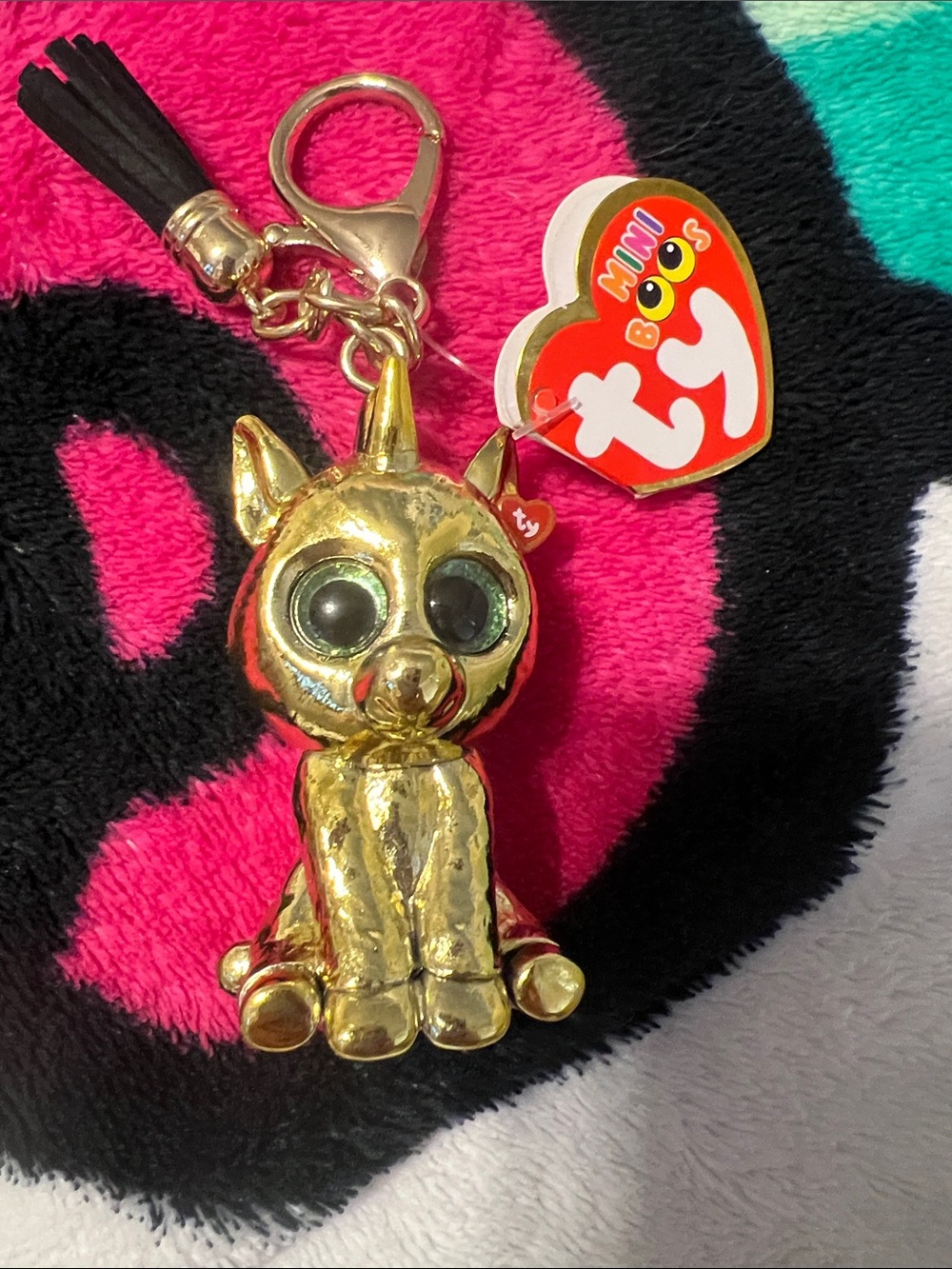 Ty Gold Mini Boos Cat Keychain with Black Tassel